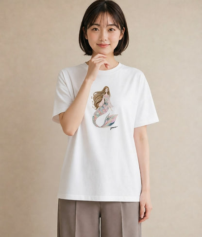 プリントTシャツ レディース 人魚 海の生き物 海 イラスト 普段使い おしゃれギフト 社会人 白T