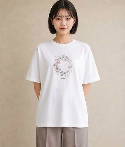 Tシャツ レディース レースハンカチ レース ハンカチ ナチュラル アンティーク イラスト アート風 春服 ミセス 白T