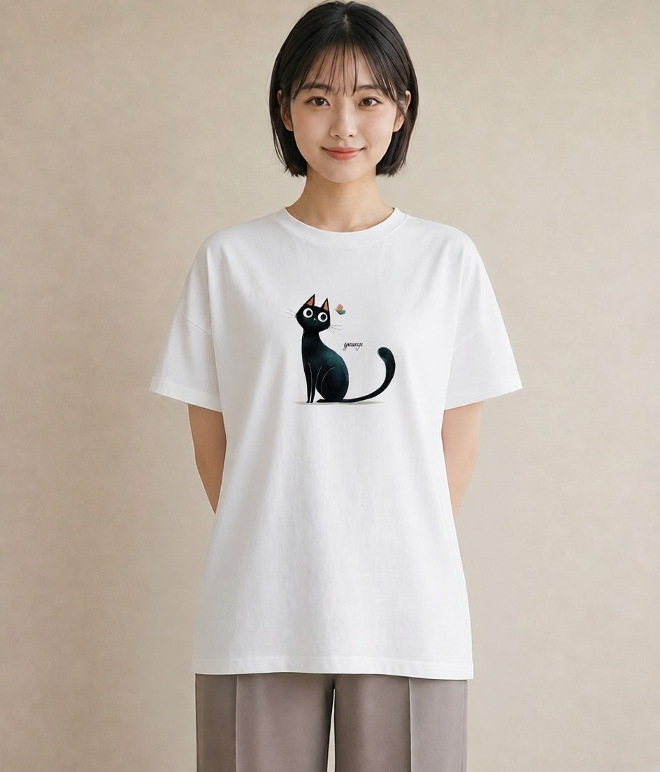 半袖Tシャツ レディース 黒猫 猫 ねこ イラスト ユニーク 20代 カジュアルコーデ 白T