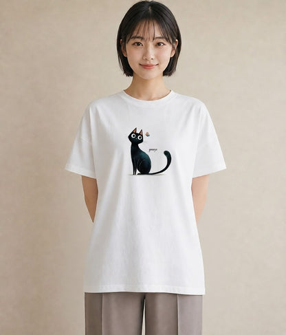 半袖Tシャツ レディース 黒猫 猫 ねこ イラスト ユニーク 20代 カジュアルコーデ 白T