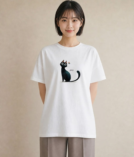 半袖Tシャツ レディース 黒猫 猫 ねこ イラスト ユニーク 20代 カジュアルコーデ 白T