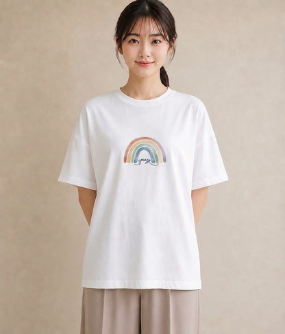 半袖Tシャツ レディース 虹 星空 宇宙 イラスト ミニマル 夏コーデ 通学 白T