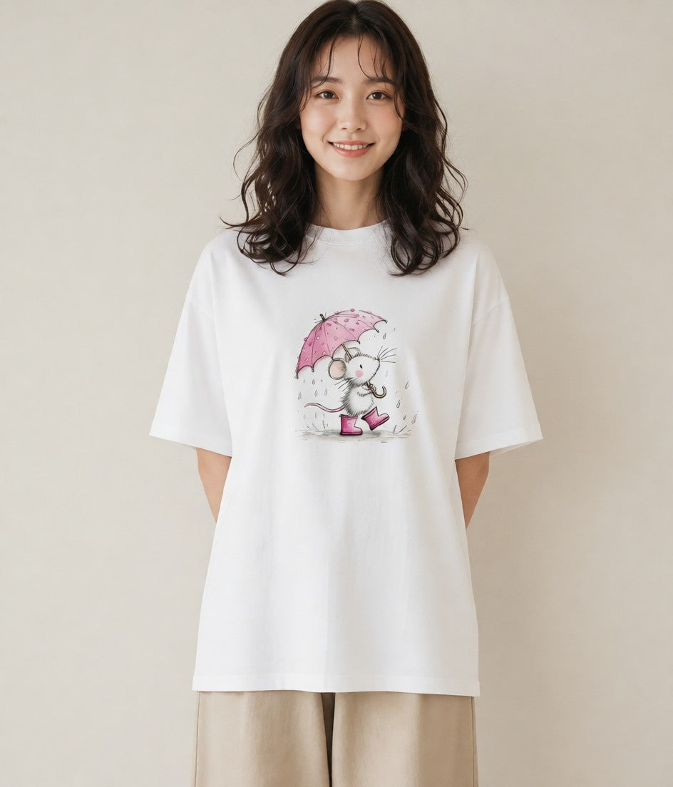 デザインTシャツ レディース 傘 水たまり 雨 ナチュラル アンティーク イラスト お洒落 通学 誕生日プレゼント 白T