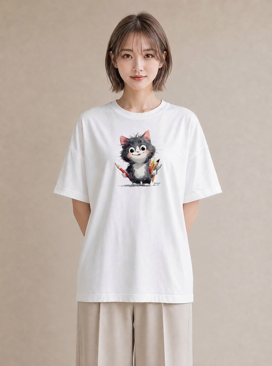 プリントTシャツ レディース ハチワレ 白黒猫 猫 ねこ イラスト 水彩風 旅行用 海 白T