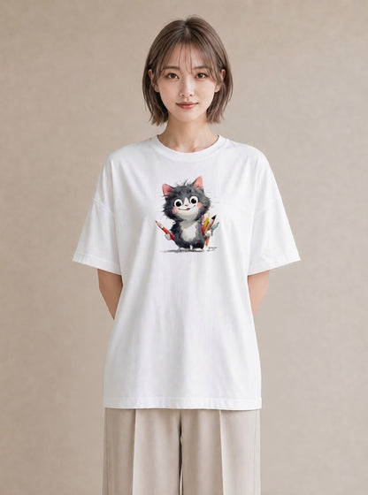 プリントTシャツ レディース ハチワレ 白黒猫 猫 ねこ イラスト 水彩風 旅行用 海 白T