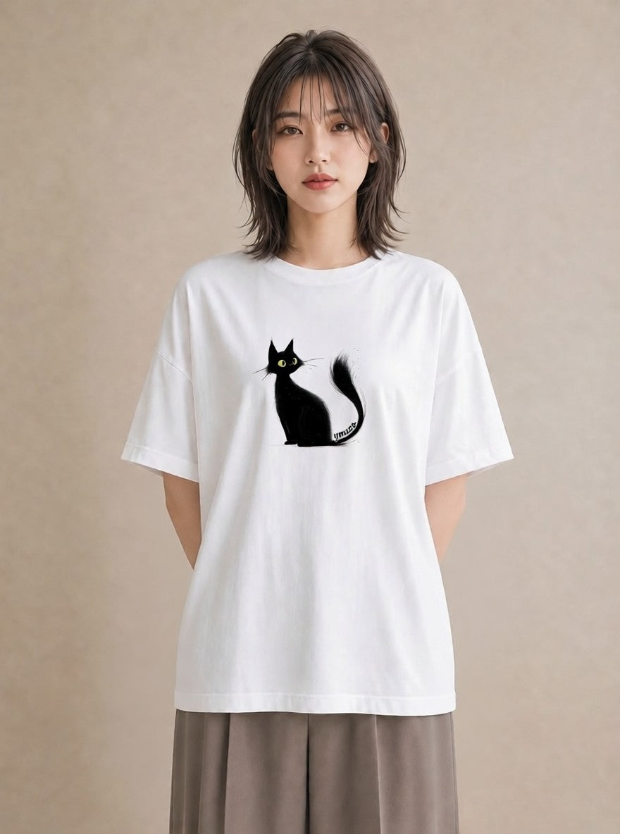 Tシャツ レディース 黒猫 猫 ねこ イラスト 上品 週末コーデ 敬老の日 白T
