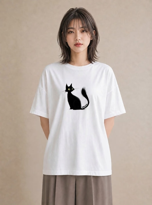 Tシャツ レディース 黒猫 猫 ねこ イラスト 上品 週末コーデ 敬老の日 白T