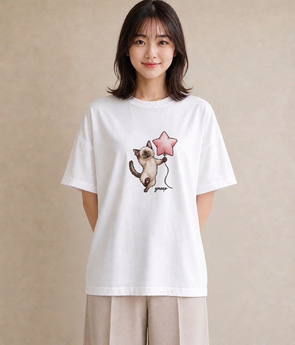 Tシャツ レディース シャム柄 猫 ねこ イラスト ナチュラル 母の日 ビーチ 白T