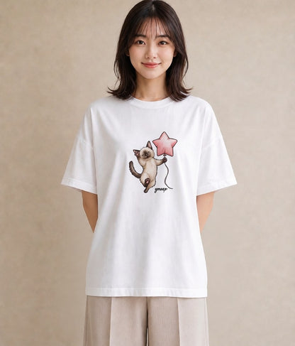 Tシャツ レディース シャム柄 猫 ねこ イラスト ナチュラル 母の日 ビーチ 白T