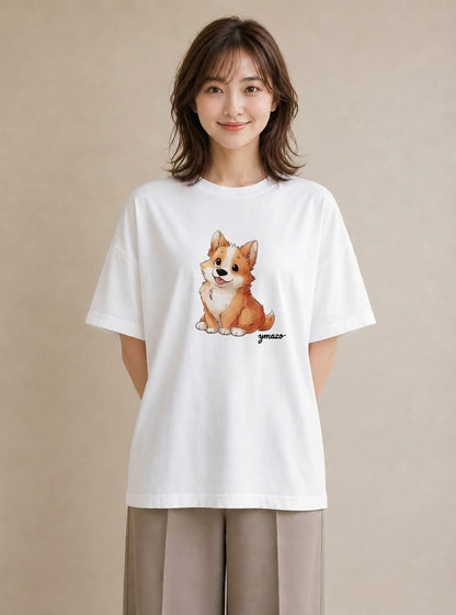 Tシャツ レディース ウェルシュコーギー コーギー 犬 いぬ イラスト シンプル デイリーウェア 休日 白T