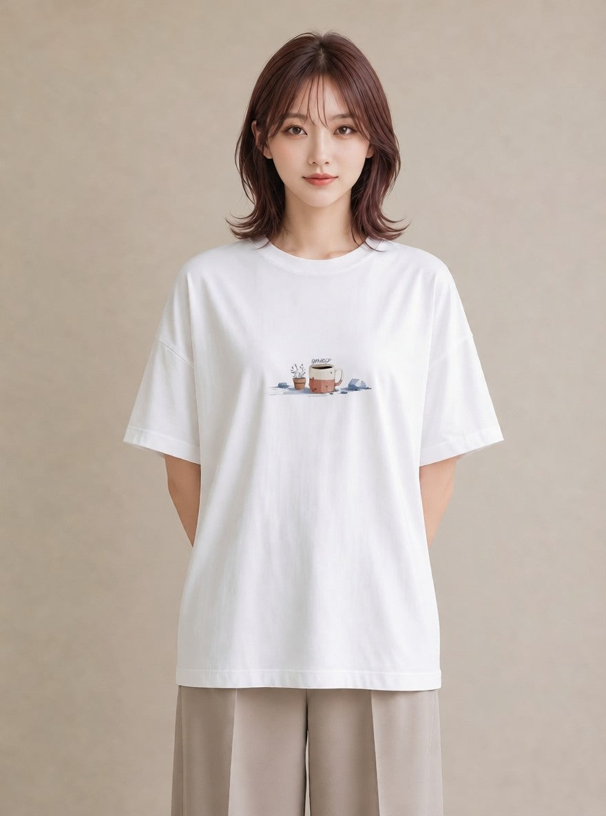 半袖Tシャツ レディース コーヒー 珈琲 カフェ 食べ物 フード イラスト 女性 旅行用 白T