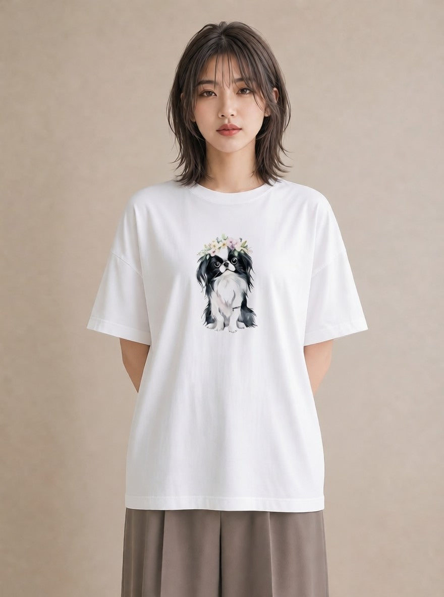 半袖Tシャツ レディース 狆 犬 いぬ イラスト フェミニン 春服 ミセス 白T
