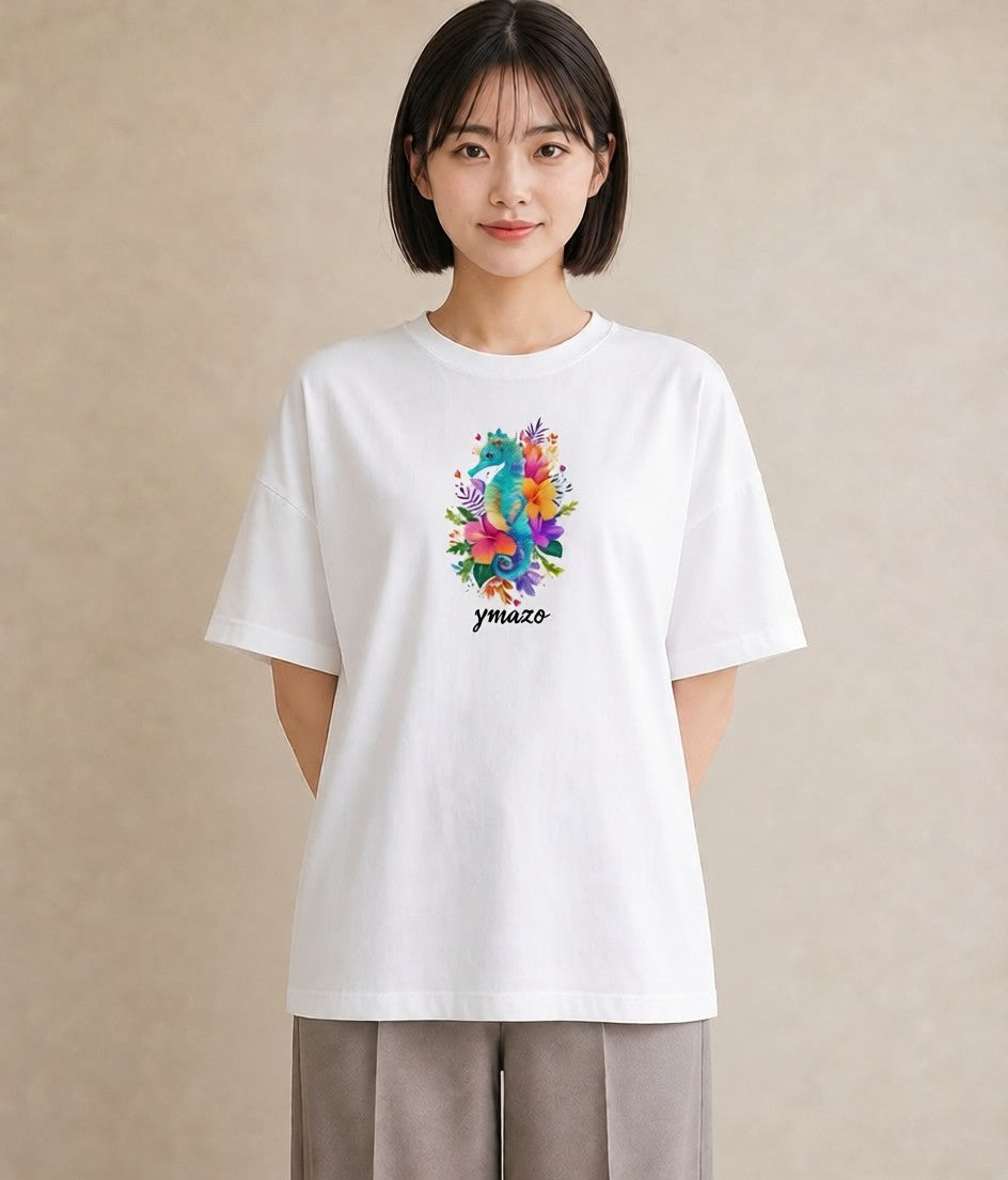 Tシャツ レディース タツノオトシゴ 海の生き物 海 イラスト 普段使い デート 帰省 白T