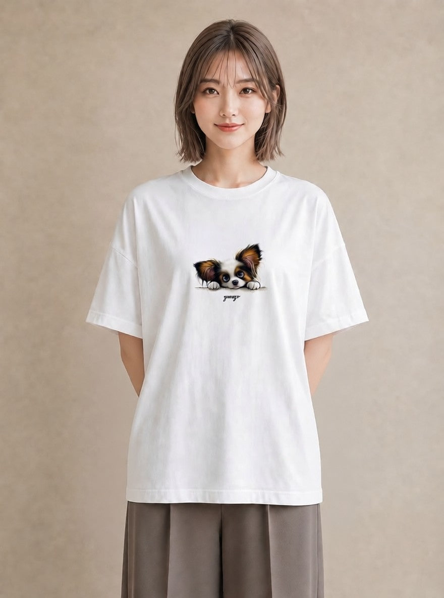 デザインTシャツ レディース パピヨン 犬 いぬ イラスト 線画 ホワイトデー 春服 白T