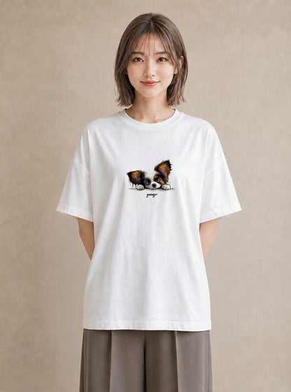 デザインTシャツ レディース パピヨン 犬 いぬ イラスト 線画 ホワイトデー 春服 白T