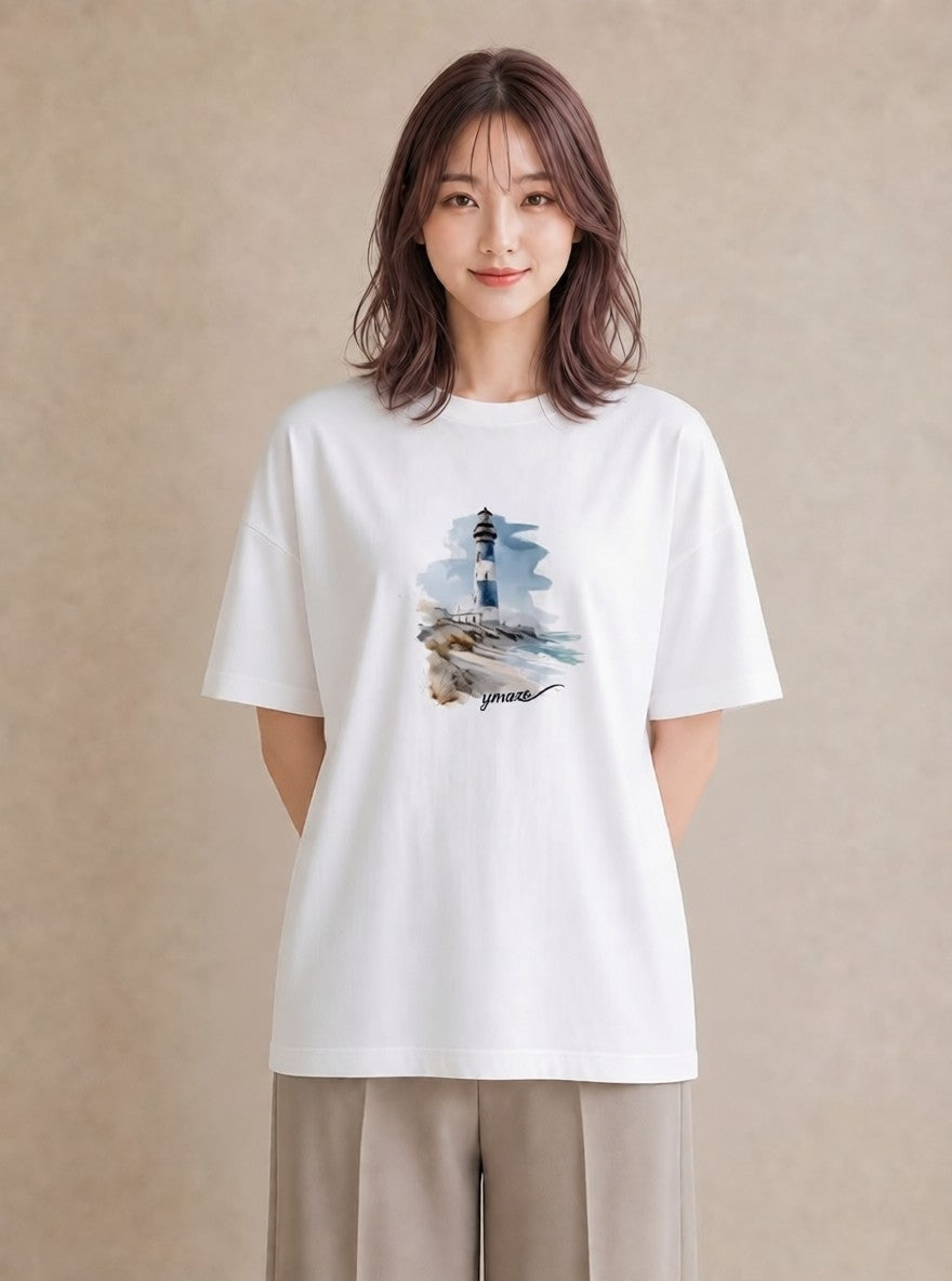 Tシャツ レディース 灯台 霧 海 ナチュラル アンティーク イラスト ヴィンテージ風 散歩 お出かけ 白T