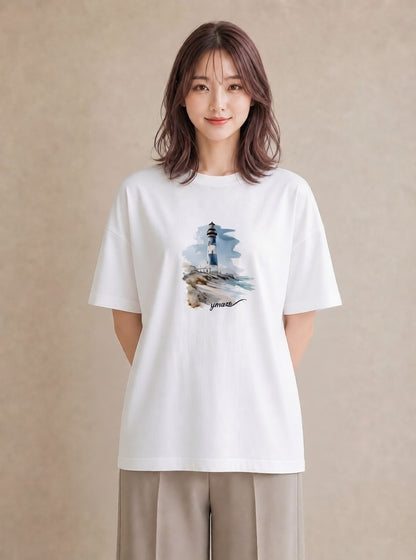 Tシャツ レディース 灯台 霧 海 ナチュラル アンティーク イラスト ヴィンテージ風 散歩 お出かけ 白T