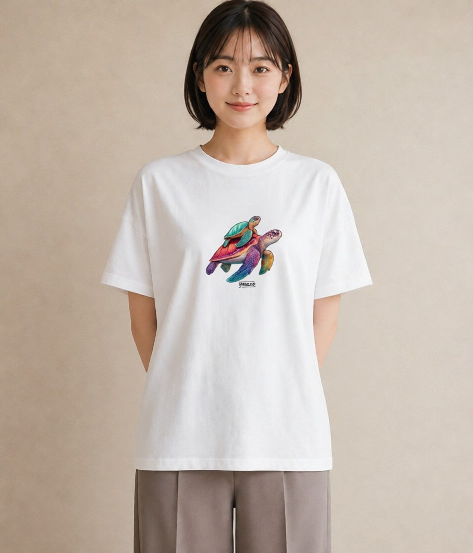半袖Tシャツ レディース カメ ペット 動物 イラスト シンプル 春服 ミセス 白T