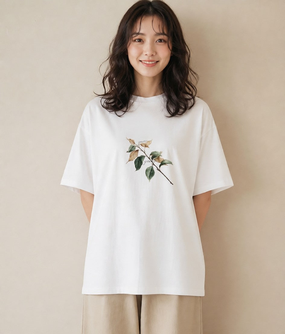 プリントTシャツ レディース 落ち葉 植物 ボタニカル イラスト カジュアル 海 カフェ巡り 白T