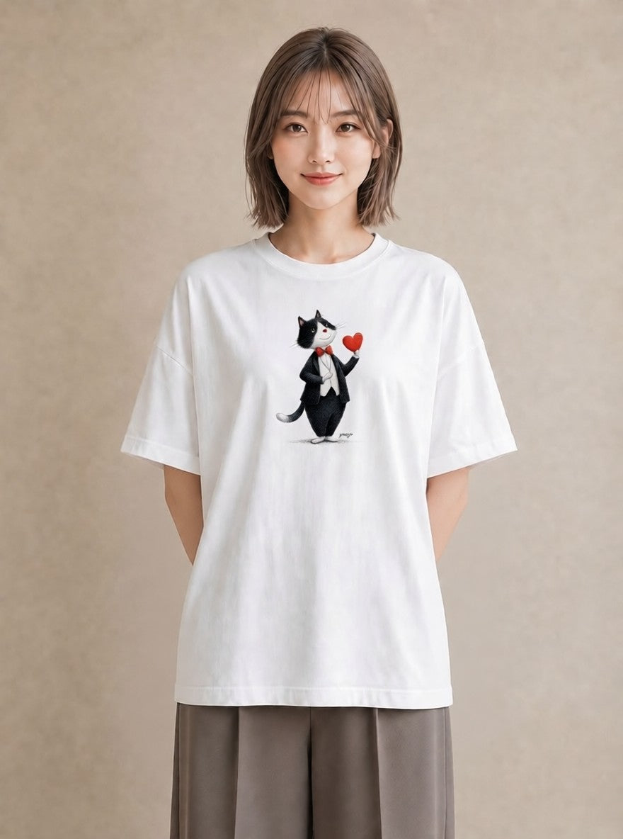 Tシャツ レディース ハチワレ 白黒猫 猫 ねこ イラスト 線画 帰省 ラフ 白T