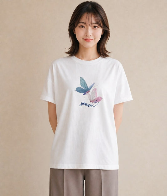半袖Tシャツ レディース ちょうちょ 蝶 バタフライ 昆虫 虫 イラスト カフェコーデ 送別ギフト 通勤 白T