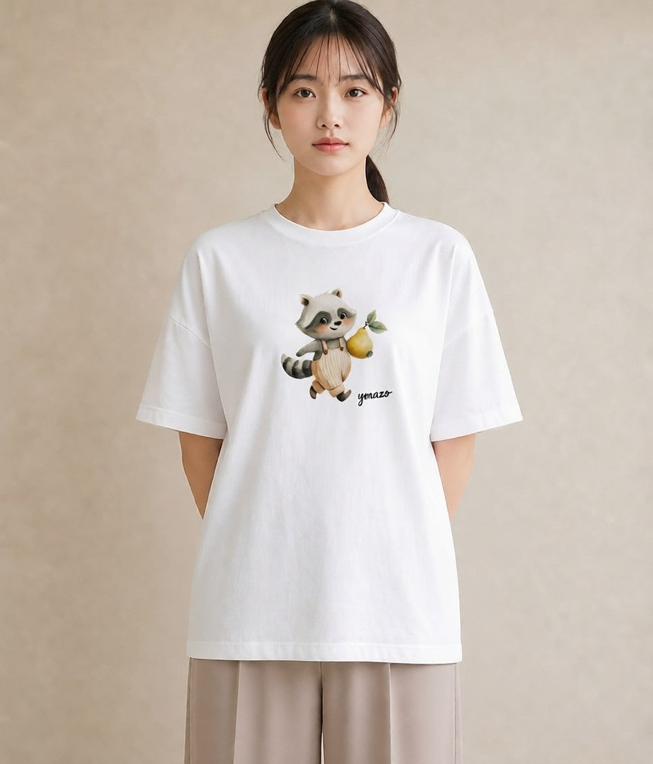 プリントTシャツ レディース たぬき 動物 アニマル イラスト 抜け感 デート 帰省 白T
