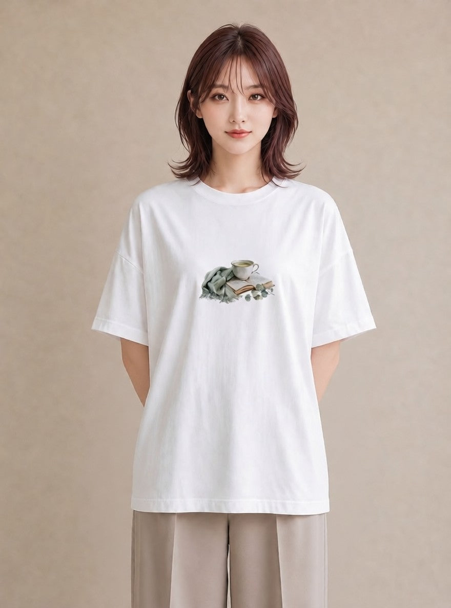 グラフィックTシャツ レディース ハーブティー 食べ物 フード イラスト 淡色 ビーチ デイリーウェア 白T