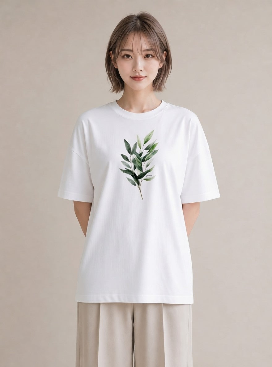 グラフィックTシャツ レディース 新緑 植物 ボタニカル イラスト 旅行コーデ 社会人 女性 白T