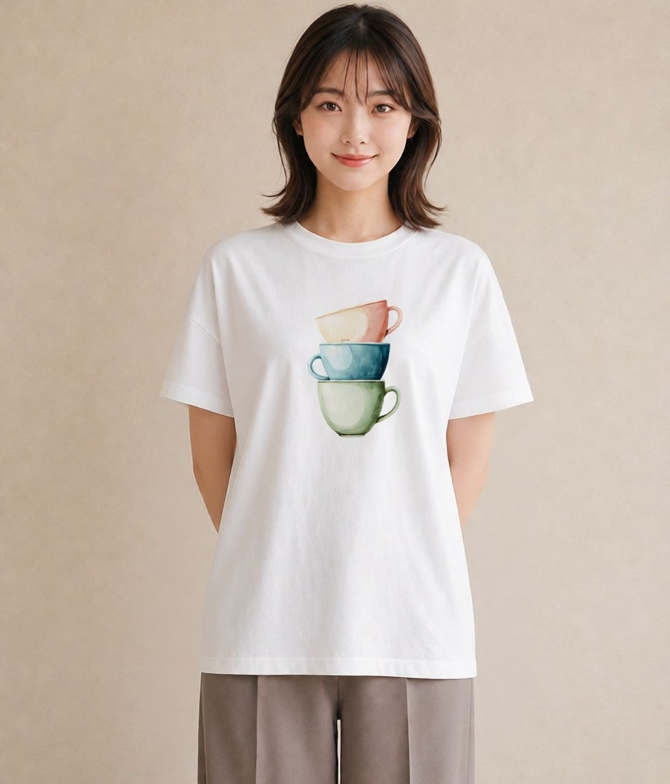 半袖Tシャツ レディース カフェオレ 食べ物 フード イラスト 上品 通勤 在宅 白T