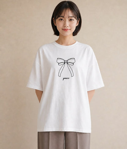 グラフィックTシャツ レディース リボン ボウ りぼん イラスト ビーチ デイリーウェア 白T