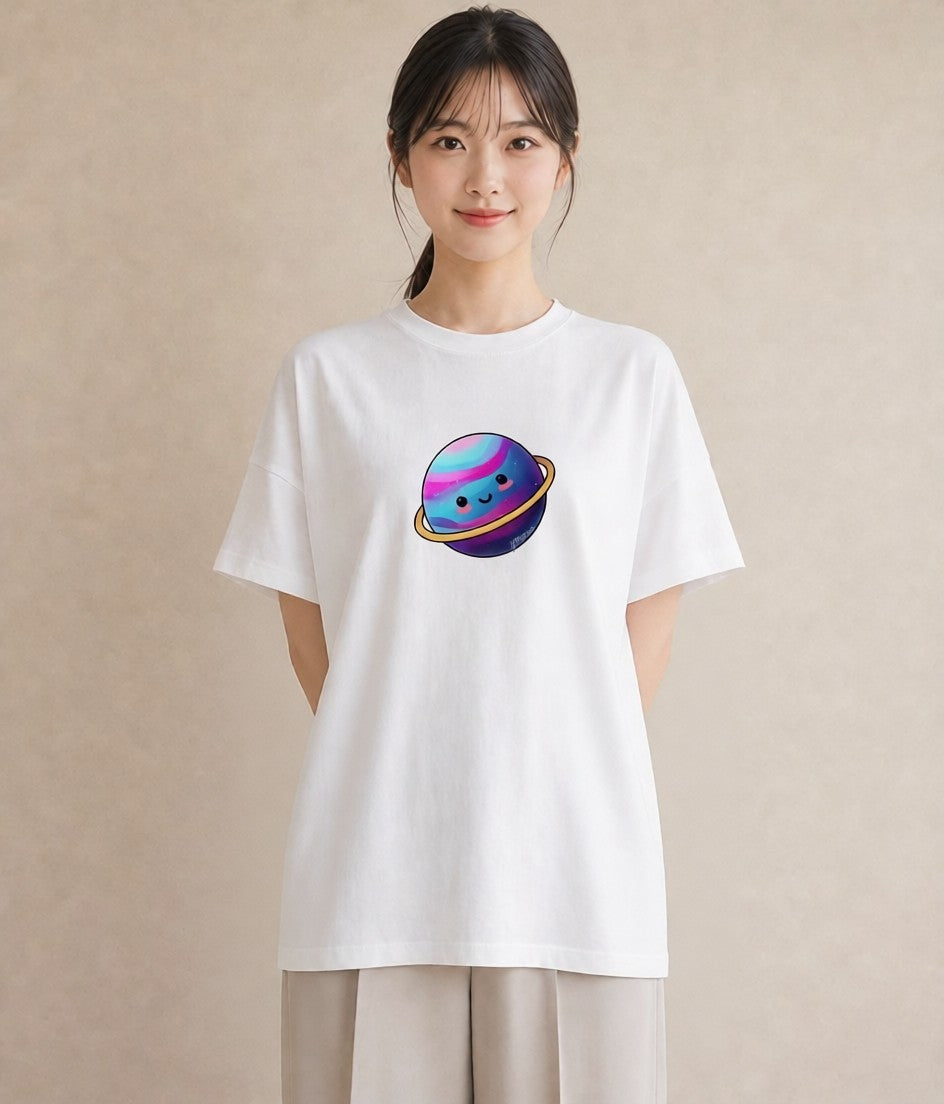 グラフィックTシャツ レディース 土星 星空 宇宙 イラスト 旅行コーデ 通勤 在宅 白T