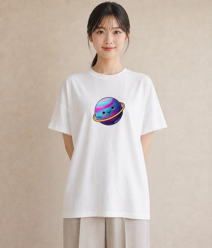 グラフィックTシャツ レディース 土星 星空 宇宙 イラスト 旅行コーデ 通勤 在宅 白T