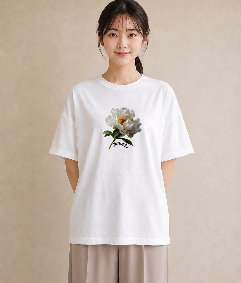 半袖Tシャツ レディース 牡丹 花 花柄 イラスト きれいめカジュアル 旅行用 海 白T