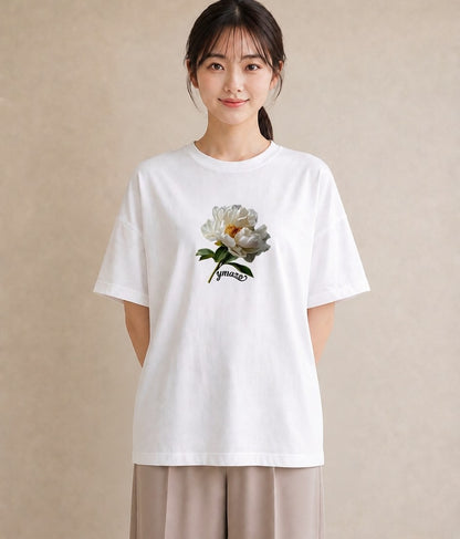 半袖Tシャツ レディース 牡丹 花 花柄 イラスト きれいめカジュアル 旅行用 海 白T