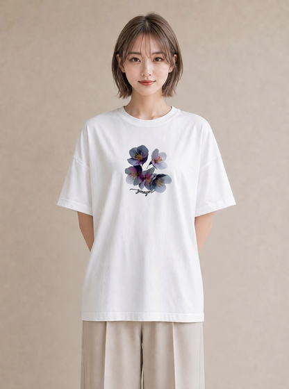 Tシャツ レディース スミレ 花 花柄 イラスト 韓国風 ビーチ デイリーウェア 白T