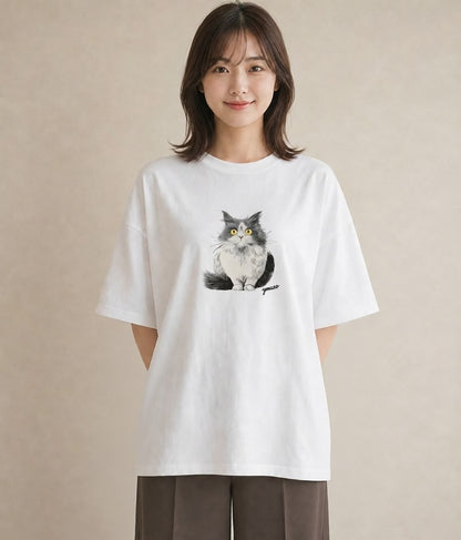 グラフィックTシャツ レディース 猫 ねこ イラスト ミニマル ルームウェア ギフト 白T
