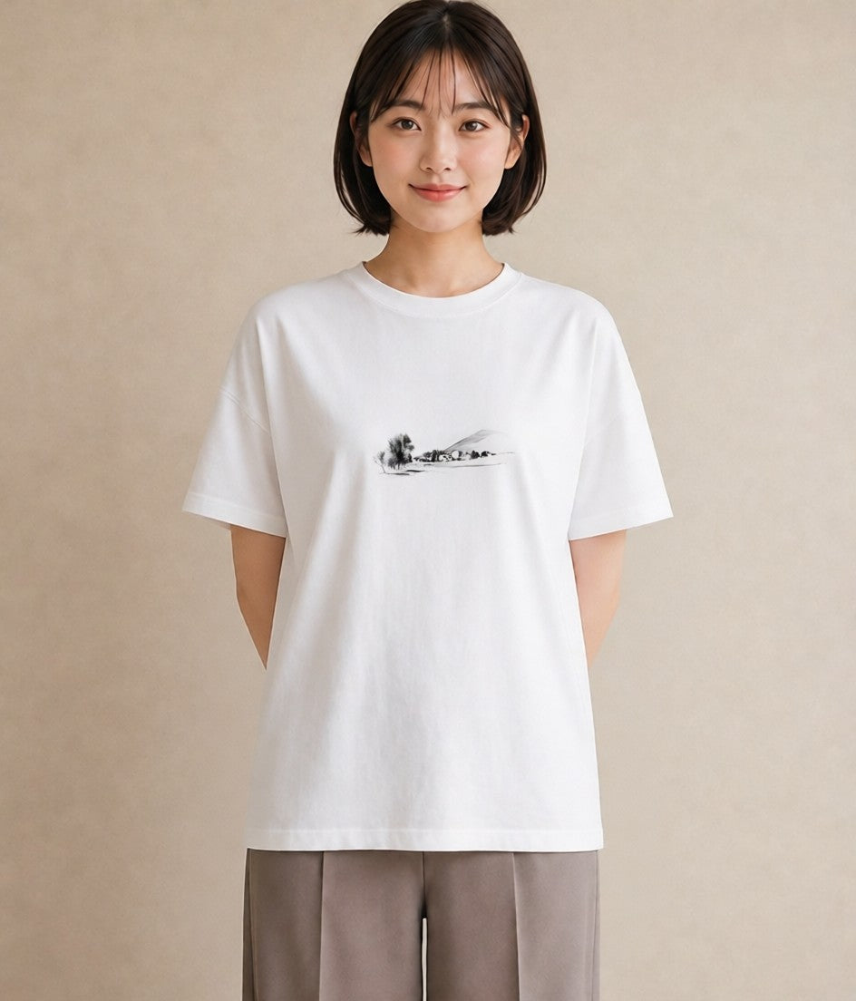 半袖Tシャツ レディース 遠い家と鳥 風景 鳥 ナチュラル アンティーク イラスト きれいめ 秋コーデ おしゃれギフト 白T
