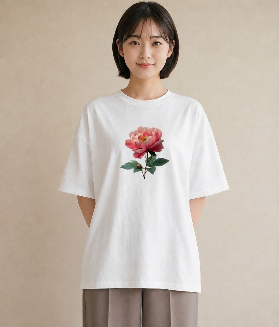 プリントTシャツ レディース 牡丹 花 花柄 イラスト こなれ感 春服 ミセス 白T