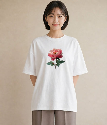 プリントTシャツ レディース 牡丹 花 花柄 イラスト こなれ感 春服 ミセス 白T