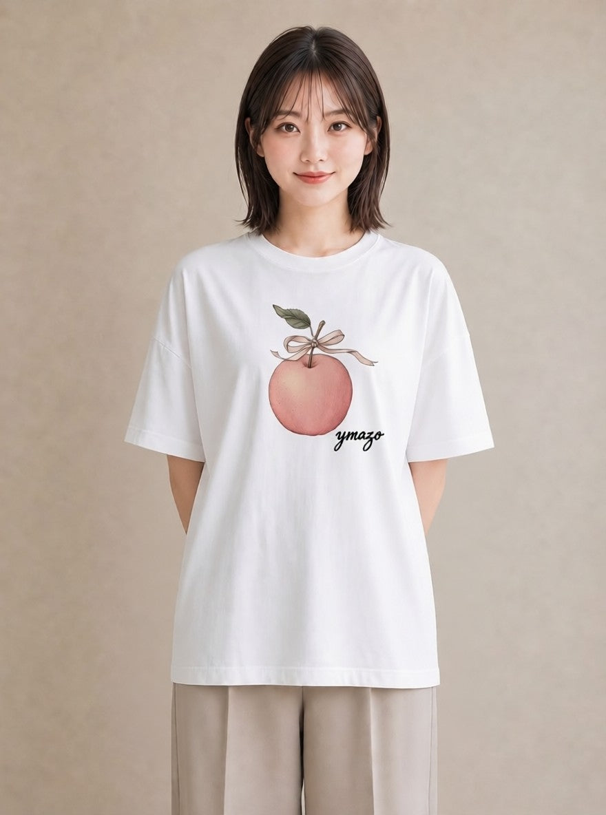 プリントTシャツ レディース りんご 林檎 アップル 食べ物 フード イラスト ガーリー 帰省 ラフ 白T