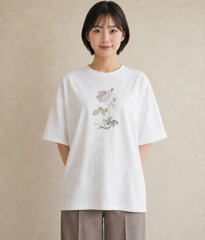 半袖Tシャツ レディース バラ 薔薇 ローズ 花 花柄 イラスト 可愛い デイリーウェア 休日 白T