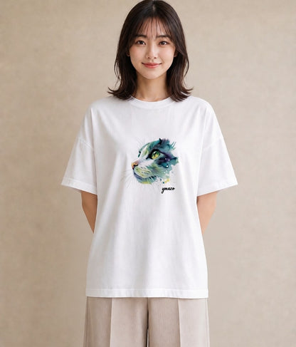 Tシャツ レディース ブリティッシュショートヘア 猫 ねこ イラスト 上品 社会人 女性 白T
