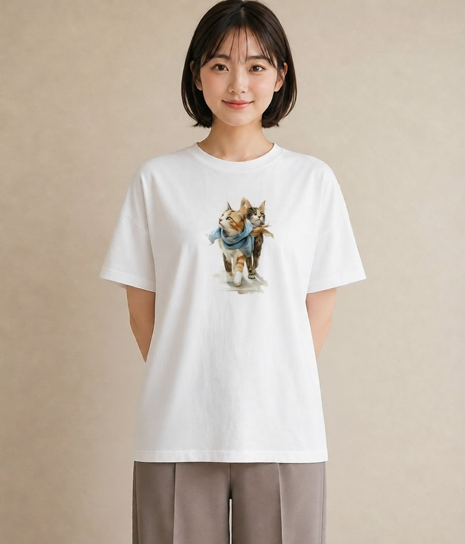 プリントTシャツ レディース ソマリ 猫 ねこ イラスト アート風 カフェ服 クリスマス 白T
