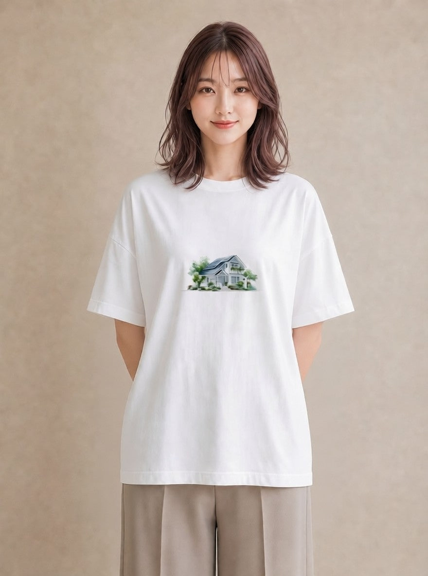 半袖Tシャツ レディース 遠い家と鳥 風景 鳥 ナチュラル アンティーク イラスト きれいめ 旅行 母娘コーデ 白T