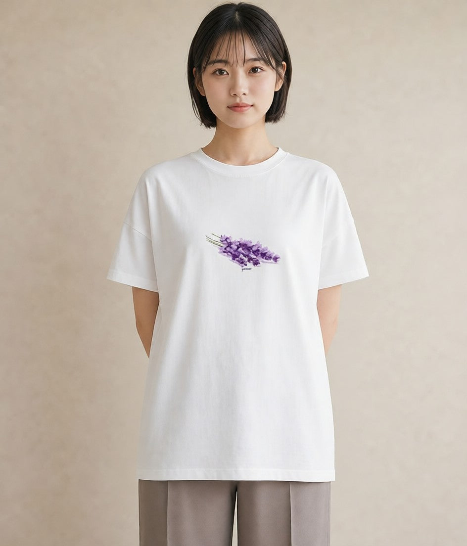 半袖Tシャツ レディース ラベンダー 花 花柄 イラスト カフェコーデ 誕生日プレゼント 綿100 白T
