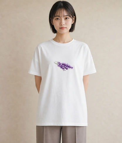 半袖Tシャツ レディース ラベンダー 花 花柄 イラスト カフェコーデ 誕生日プレゼント 綿100 白T
