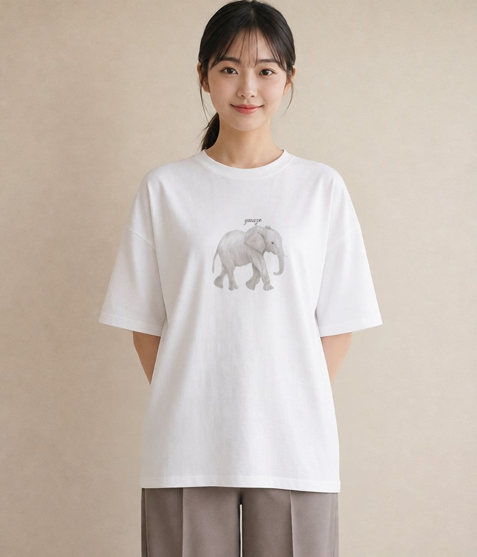 Tシャツ レディース ぞう 動物 アニマル イラスト ミニマル 通勤 在宅 白T