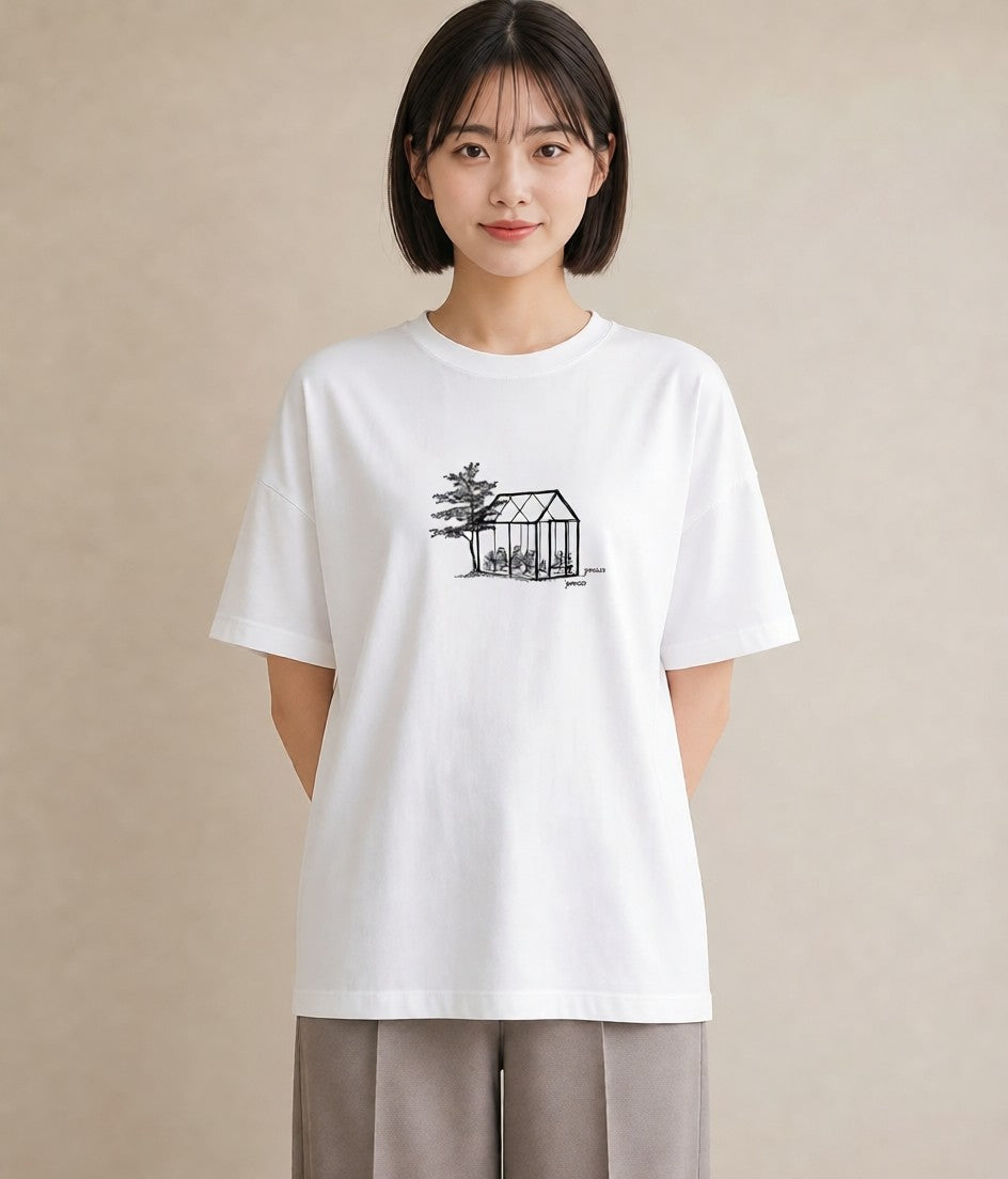 グラフィックTシャツ レディース 灯りの家 小屋 夜 ナチュラル アンティーク イラスト 水彩風 散歩 お出かけ 白T