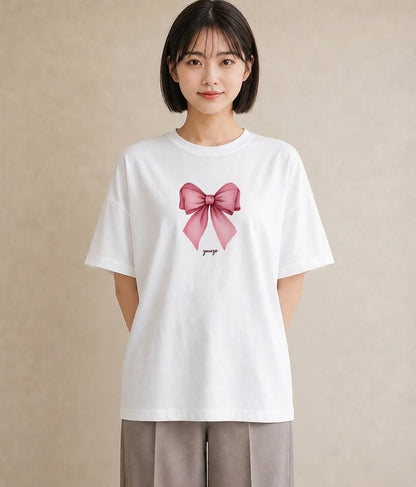 グラフィックTシャツ レディース リボン 蝶結び ナチュラル アンティーク イラスト ラフ 通学 誕生日プレゼント 白T