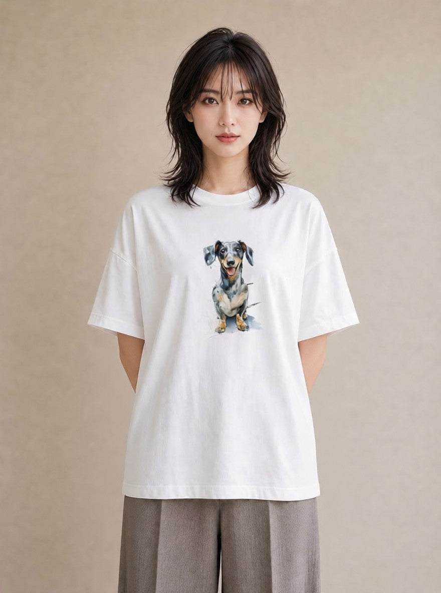 半袖Tシャツ レディース 老犬 犬 いぬ イラスト 北欧風 ママ カフェ服 白T